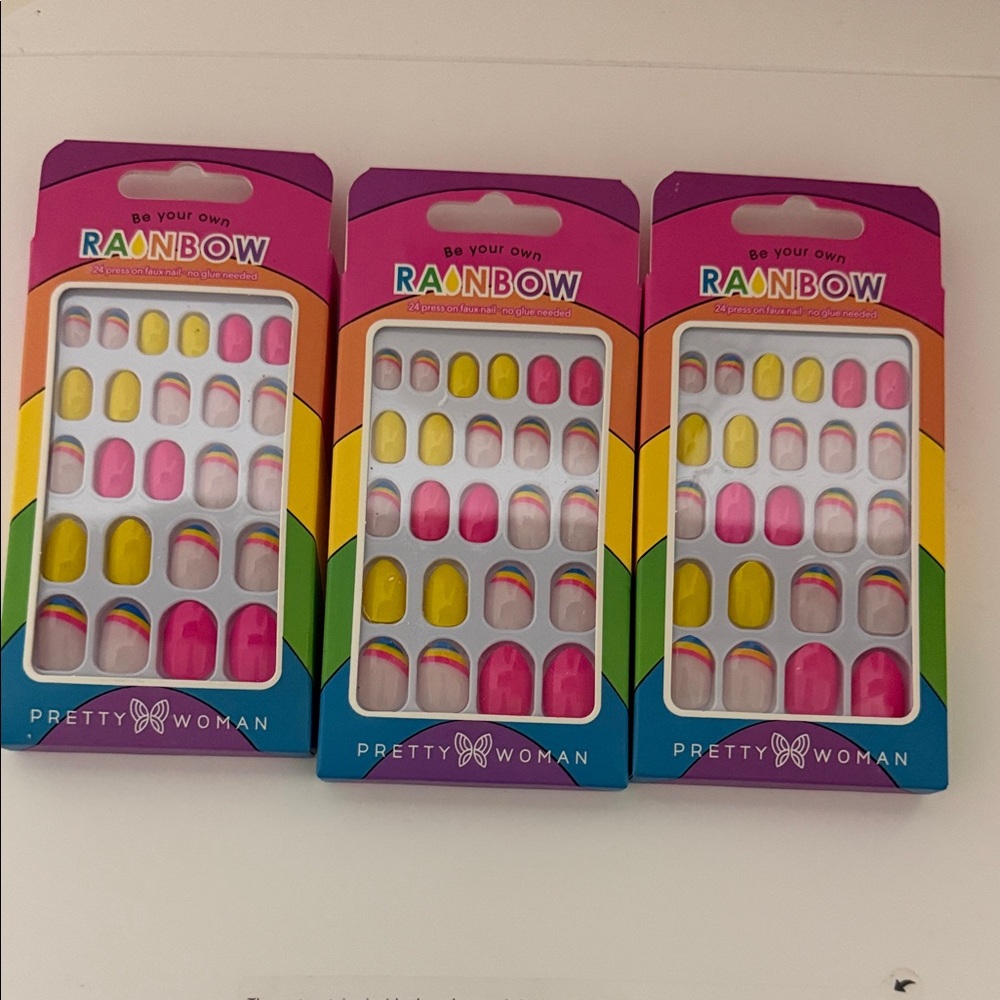 Pretty Woman Rainbow Press-On Nails - Pink, Yellow & Rainbow Accent 3pack